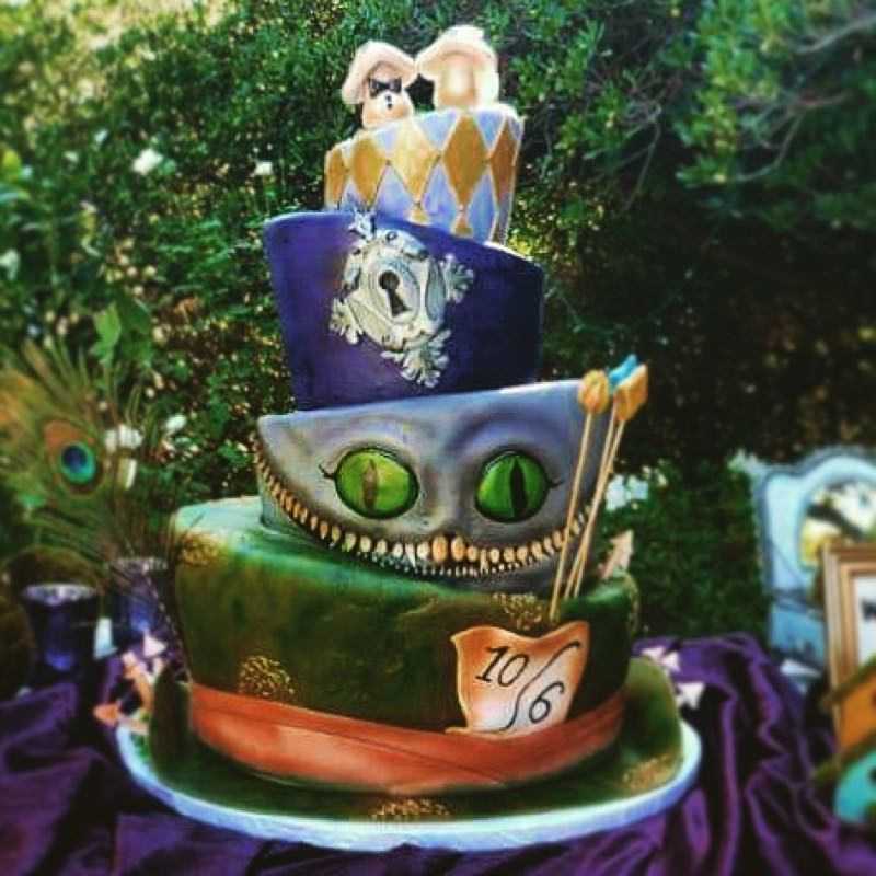 whimsical alice in wonderland mad hatter chesshire cat topsy turvy special occasion birthday cake