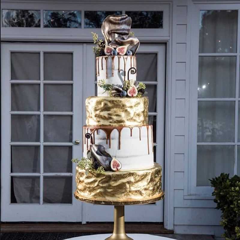 new romantic gold leaf drip caramel wedding cake