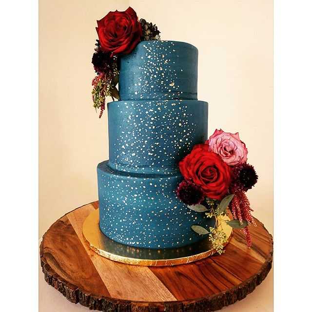 Navy Buttercream Gold Flowers Wedding Cake