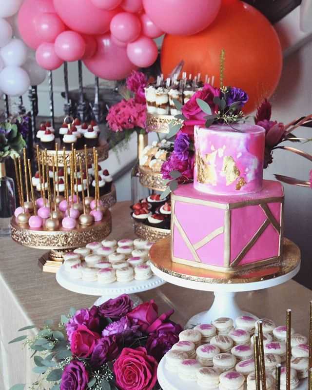 Pink Gold Dessert Table Cake Flowers Balloons BIrthday Modern Chic