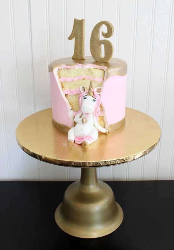 fat unicorn birthday pink gold sweet sixteen cake