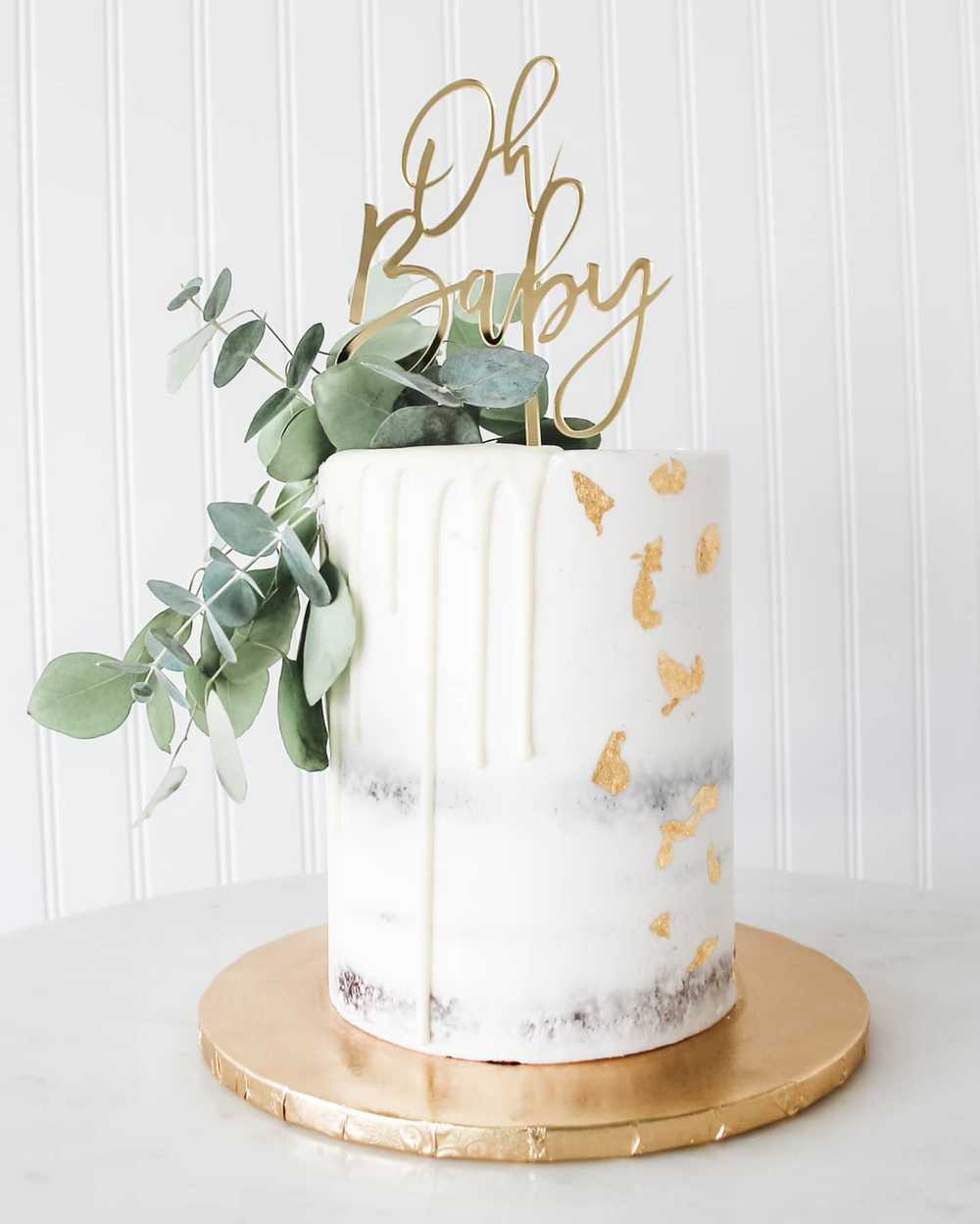 Vintage Naked Buttercream Baby Shower Birthday Cake Gold Leaf 