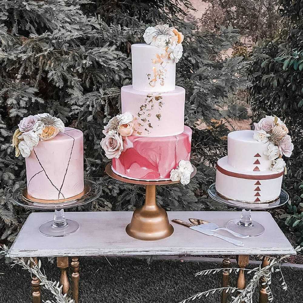 Mid century cake trio pink marble gold wedding cakes