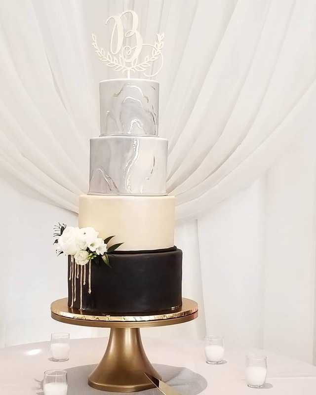 black white silver monogram wedding cake