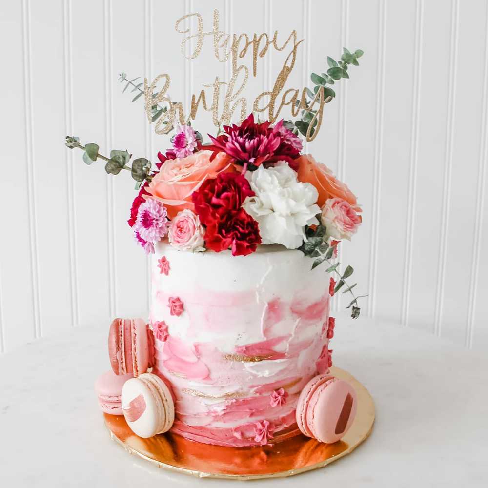 Birthday Cake Pink Fremch Macarons Flowers Vintage