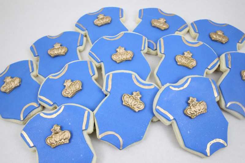 royal blue gold crown baby boy shower suagr cookie designer favors onsies