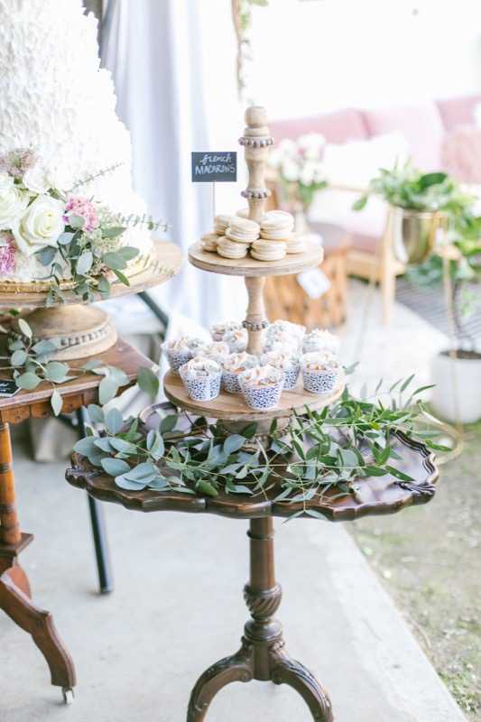 wedding dessert table vanilla cake cupcakes french macaroons vintage shabby chic barn2