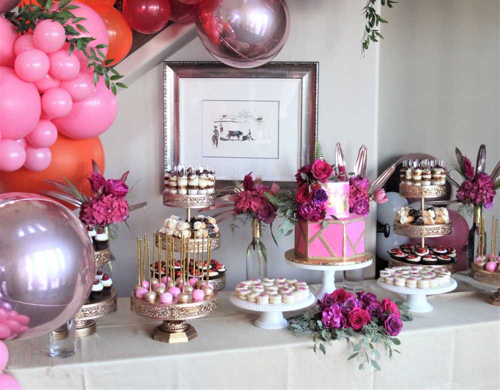 Pink Gold Dessert Balloons Cake Modern Vintage Chic Flowers