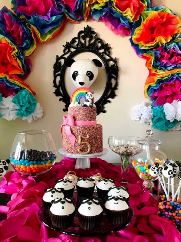 panda kids birthday rainbow party dessert cake table