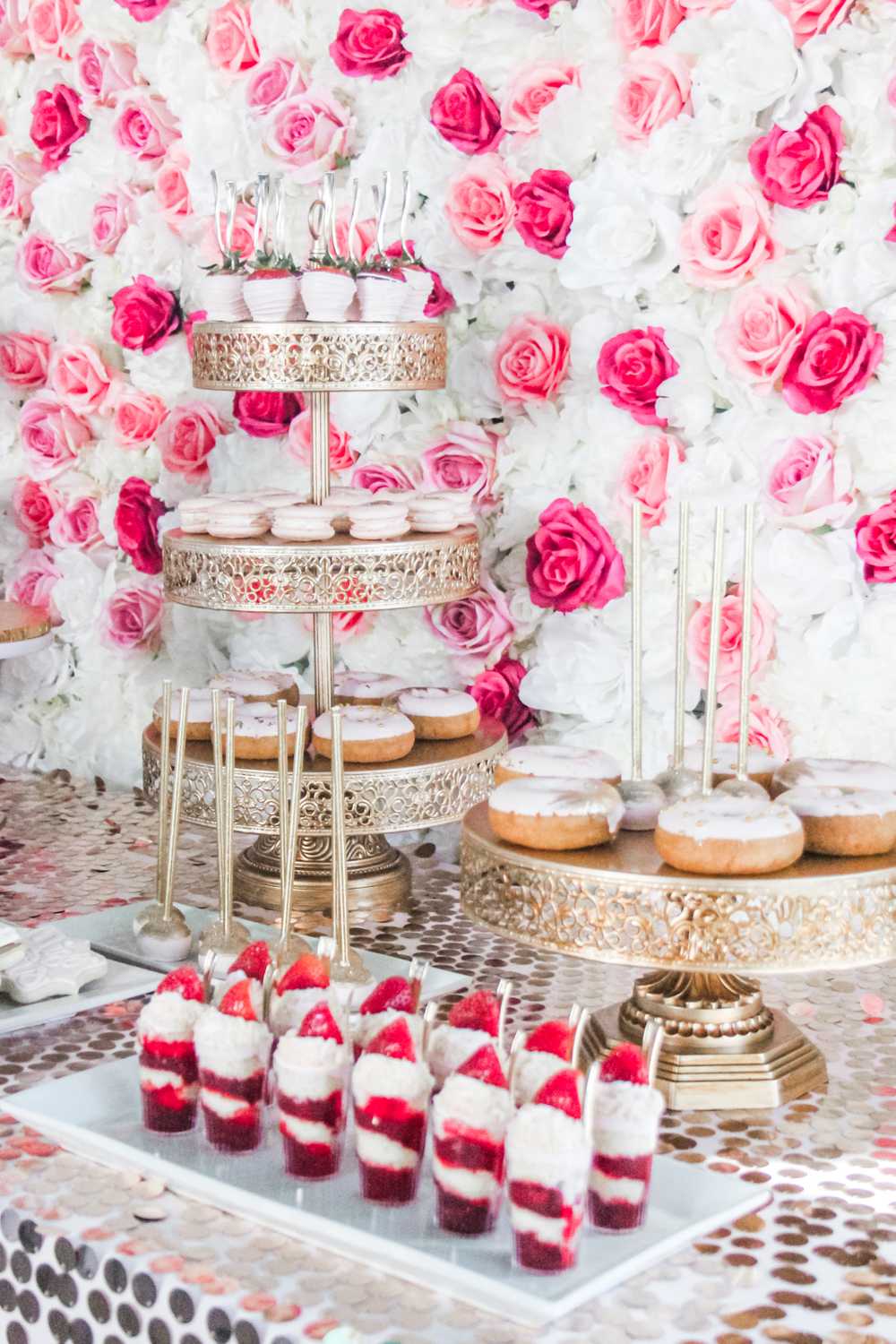 pink rose gold strawberry shortcake dessert cups donuts