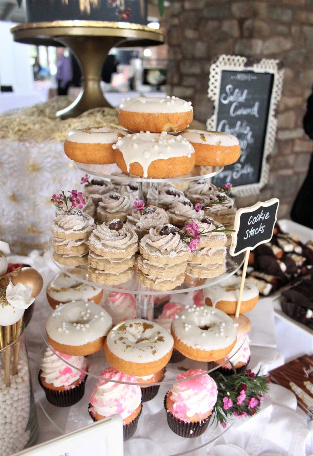 Wedding Dessert table donut cake cupcakes cookies 