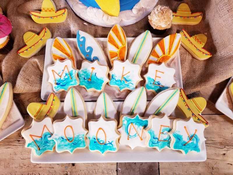 surfer surfboard ocean beach party cookies favors sombreo cactus