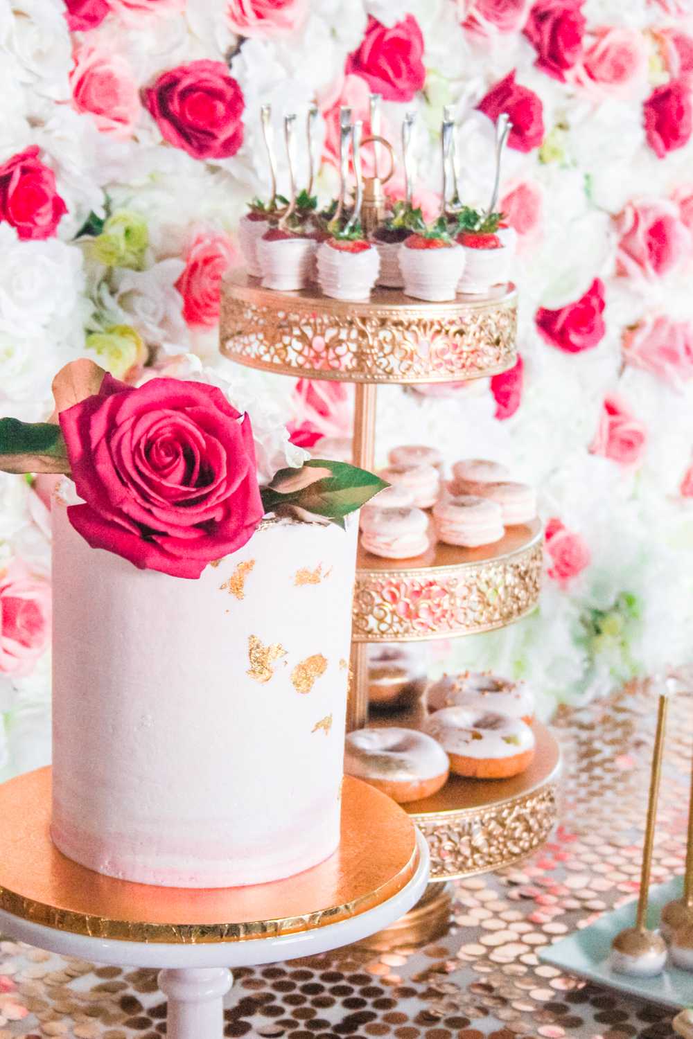 Pink rose gold dessert table shower cake