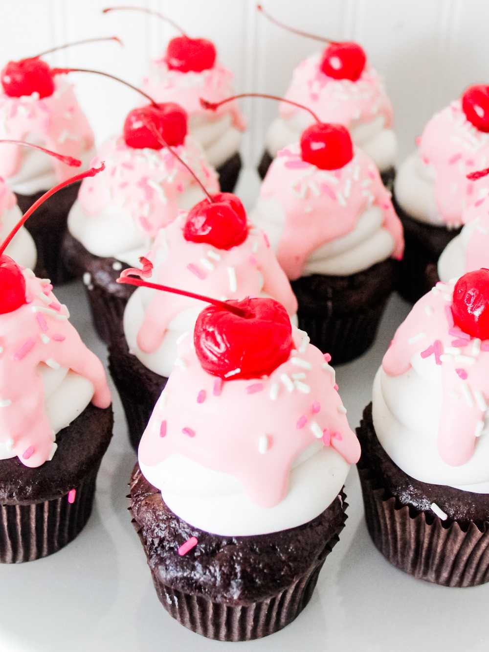 Pink Chocolate Sundae Cupcakes Cherry Sprinkles