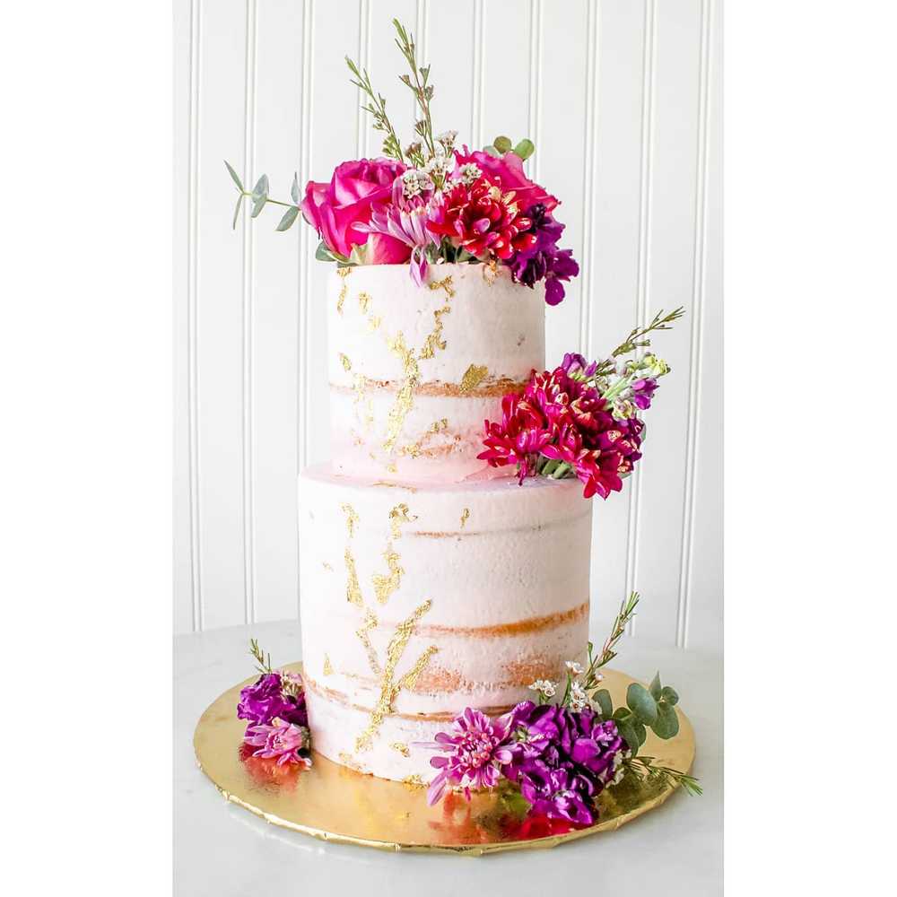 Pink Flower Birthday Baby Shower Wedding Cake Naked Gold Leaf 