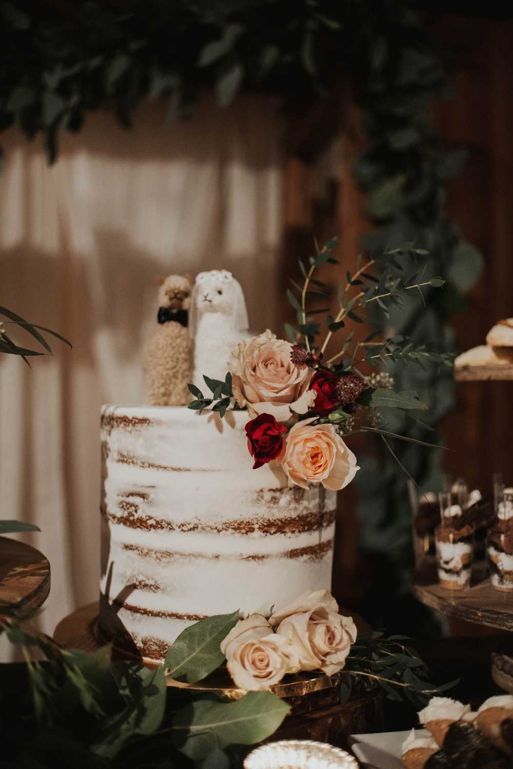 llama vintage naked cake dessert table wedding